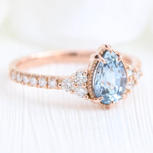 Pear Aqua Blue Sapphire Diamond Ring in 14k Rose Gold Vintage 3 Stone Ring, Size 6.5