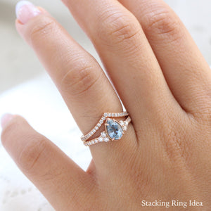 Pear Aqua Blue Sapphire Diamond Ring in 14k Rose Gold Vintage 3 Stone Ring, Size 6.5
