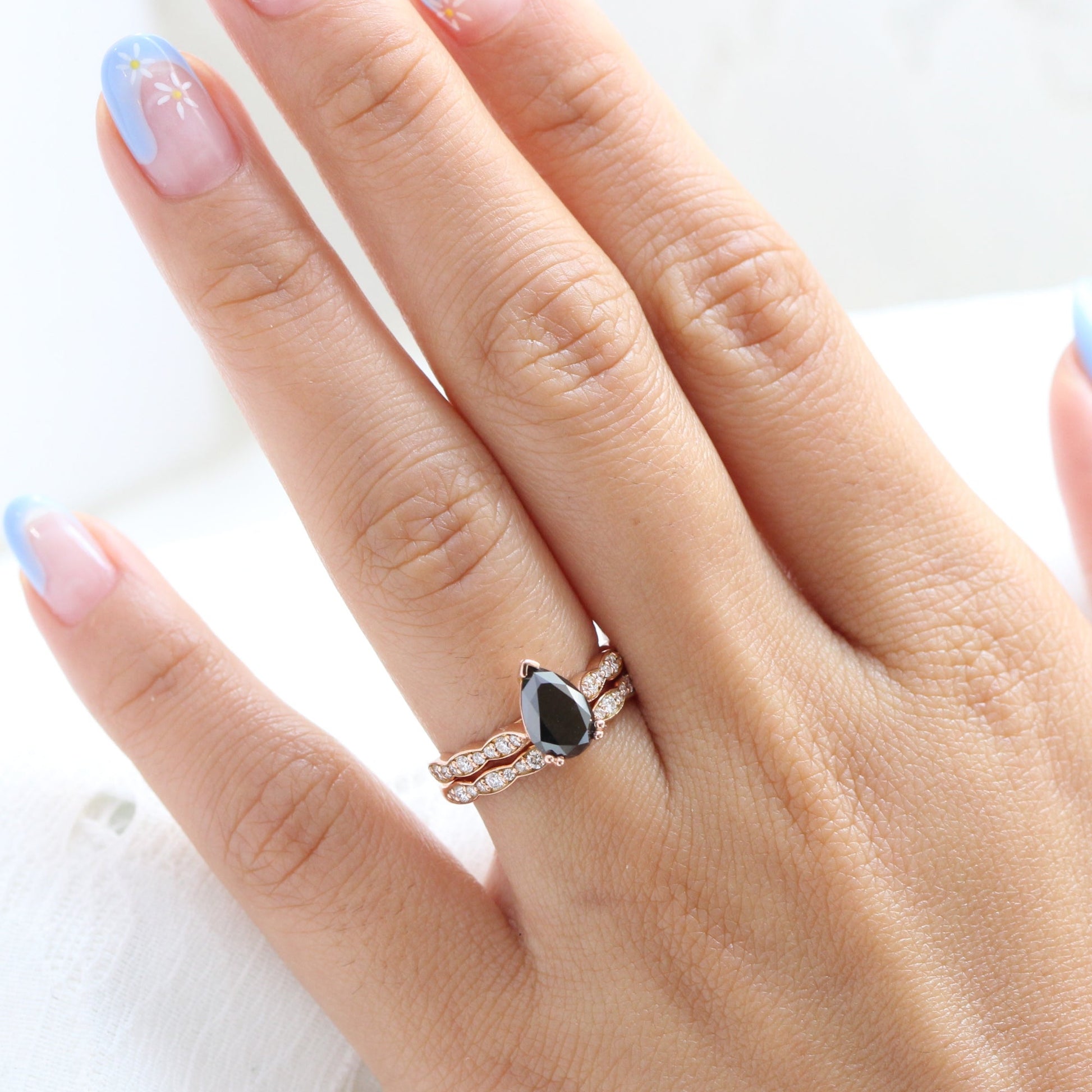 Grace Solitaire Black Diamond Ring Set w/ Pear Diamond and Matching Wedding Band