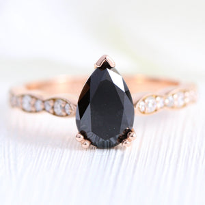 Grace Solitaire Black Diamond Ring Set w/ Pear Diamond and Matching Wedding Band