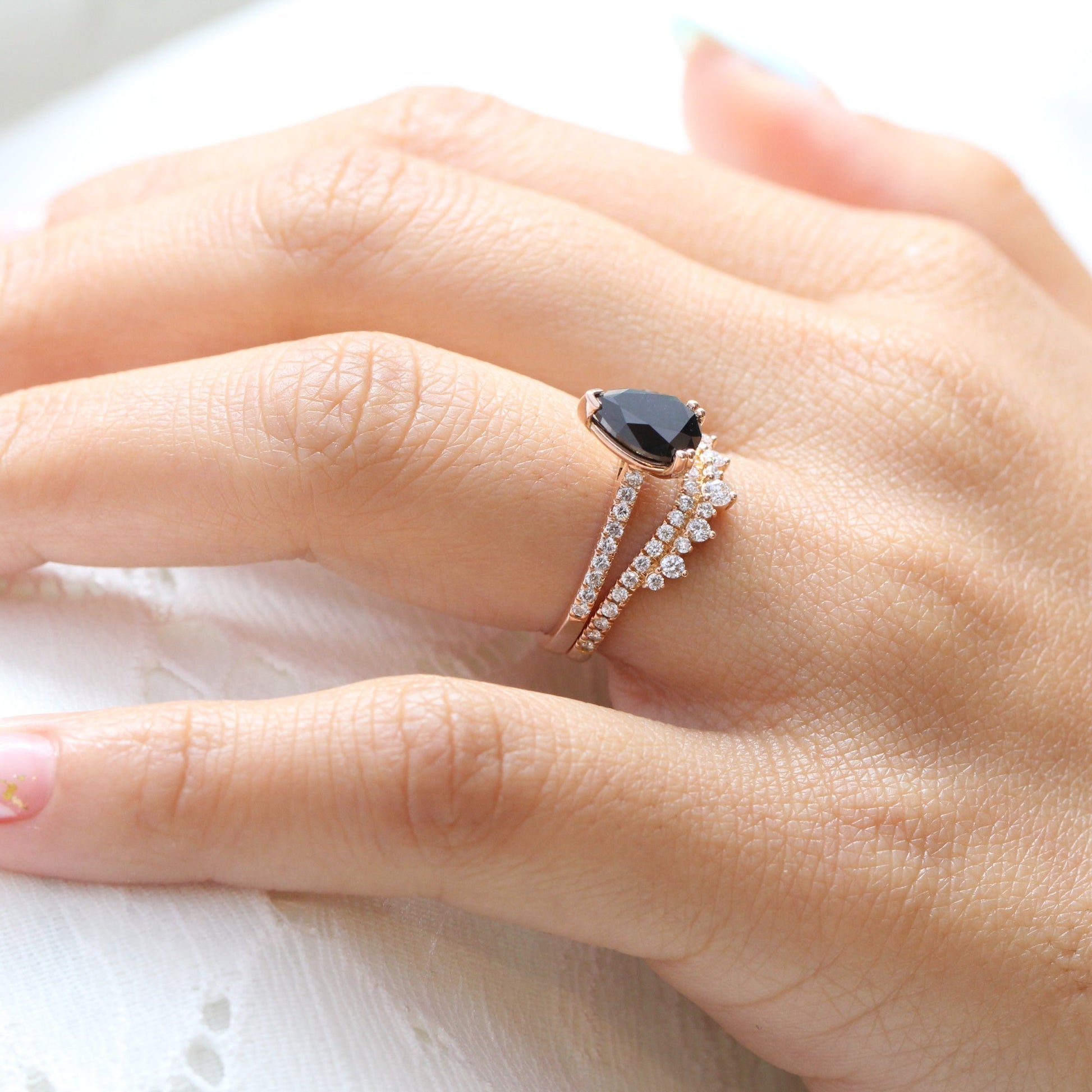 Grace Solitaire Black Diamond Ring Set w/ Pear Diamond and Crown Wedding Band