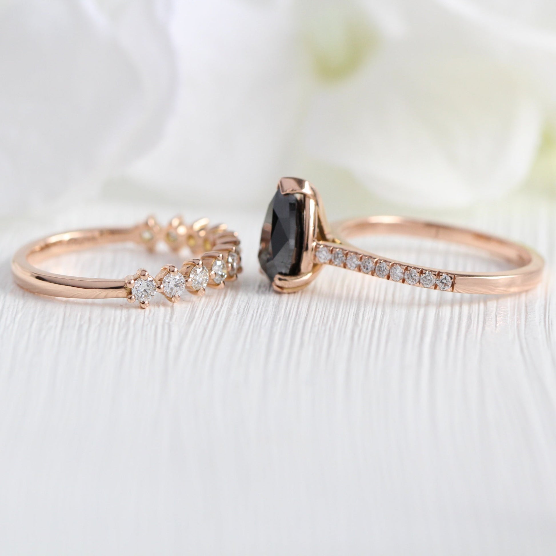 Grace Solitaire Black Diamond Ring Set w/ Pear Diamond and 4 Prong Wedding Band