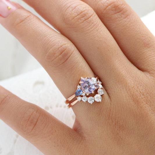 1.92 Ct. Pear Lavender Sapphire Ring in 14k Rose Gold Cluster Diamond Ring, Size 6.5