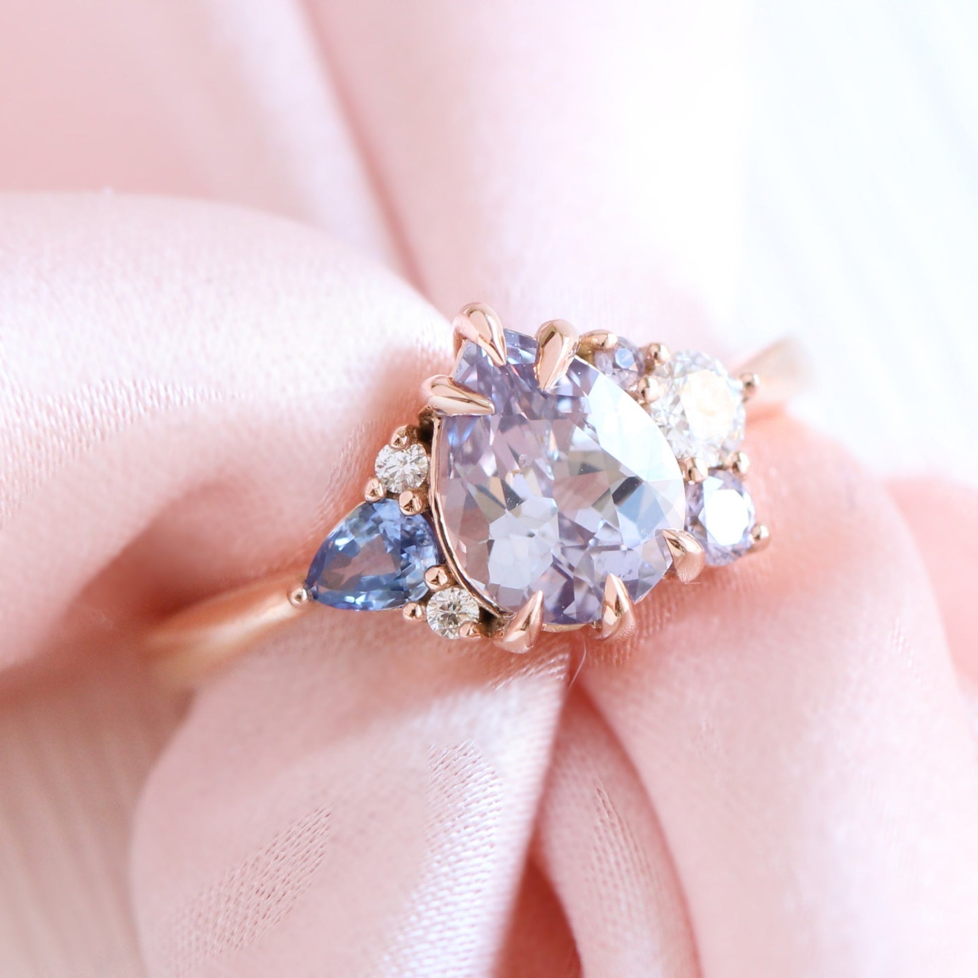 1.92 Ct. Pear Lavender Sapphire Ring in 14k Rose Gold Cluster Diamond Ring, Size 6.5
