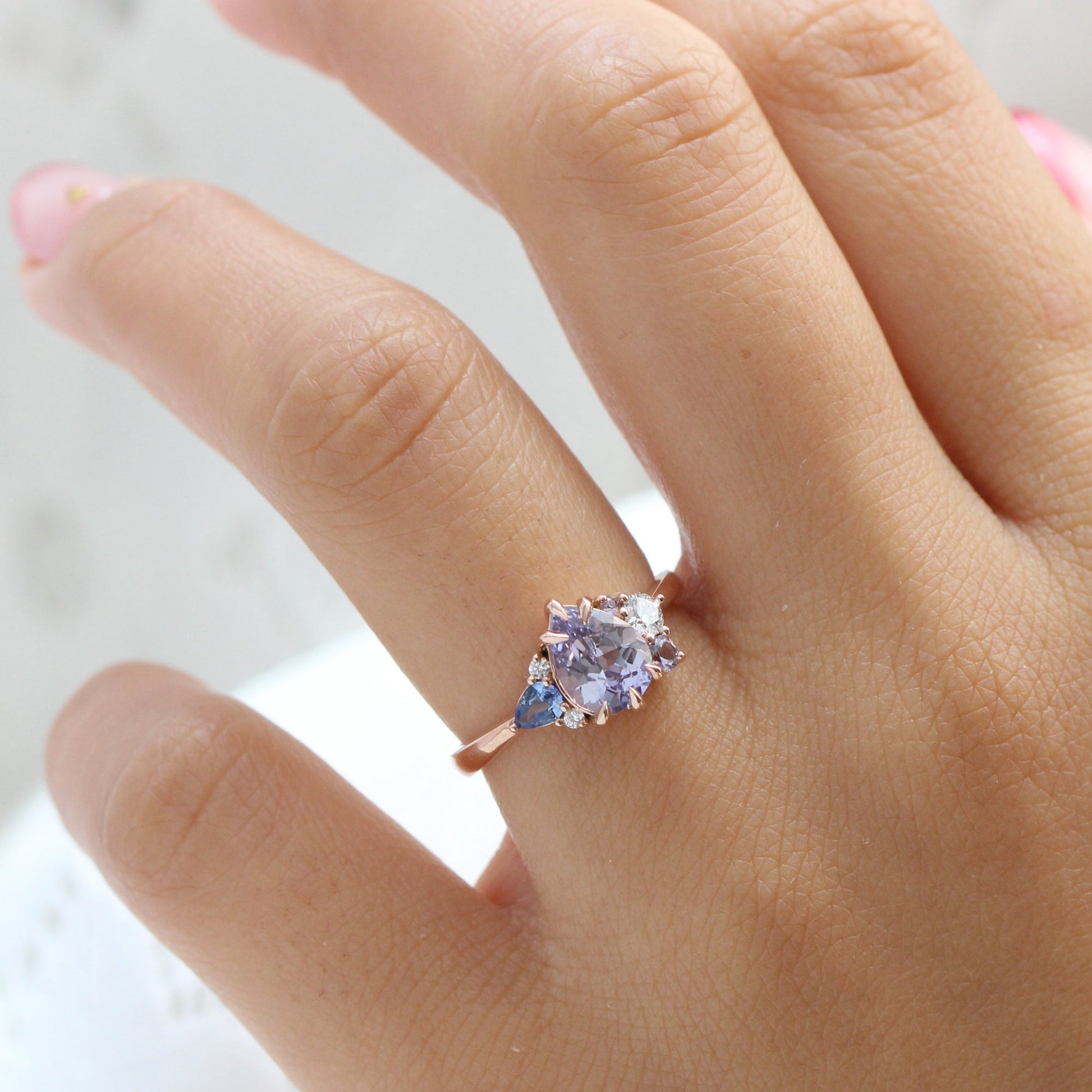 1.92 Ct. Pear Lavender Sapphire Ring in 14k Rose Gold Cluster Diamond Ring, Size 6.5