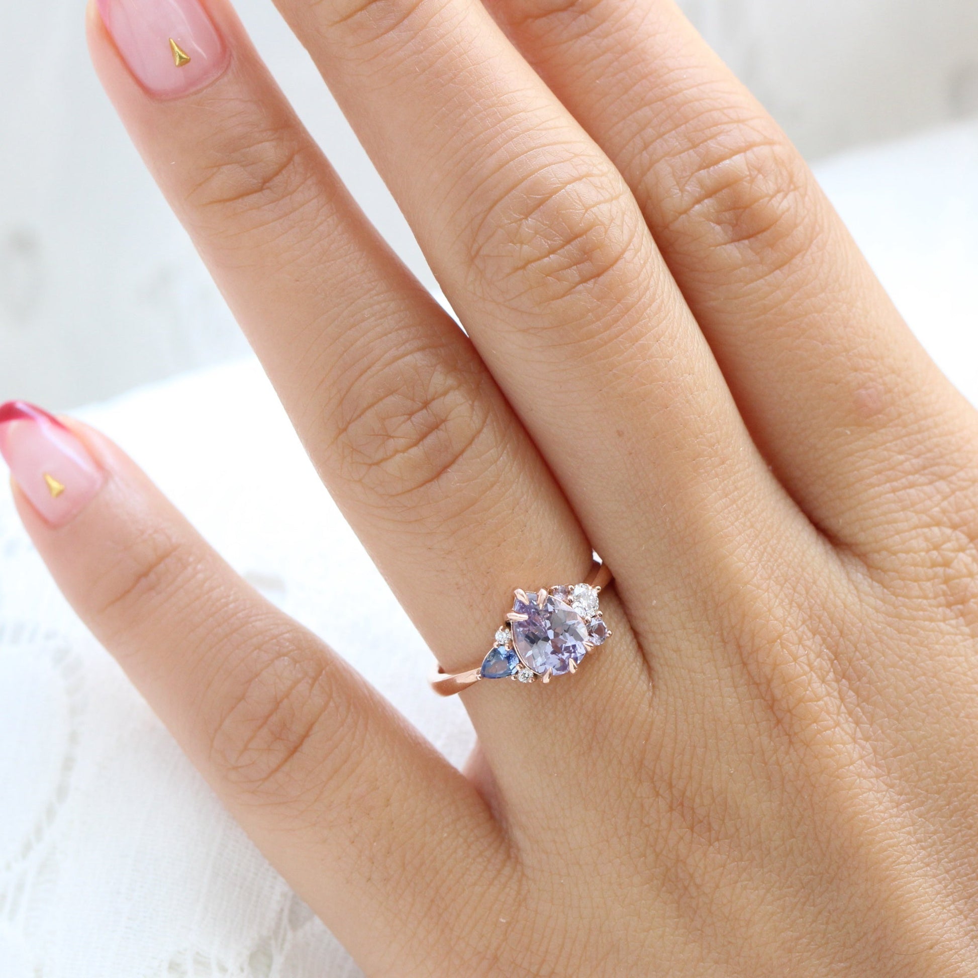1.92 Ct. Pear Lavender Sapphire Ring in 14k Rose Gold Cluster Diamond Ring, Size 6.5