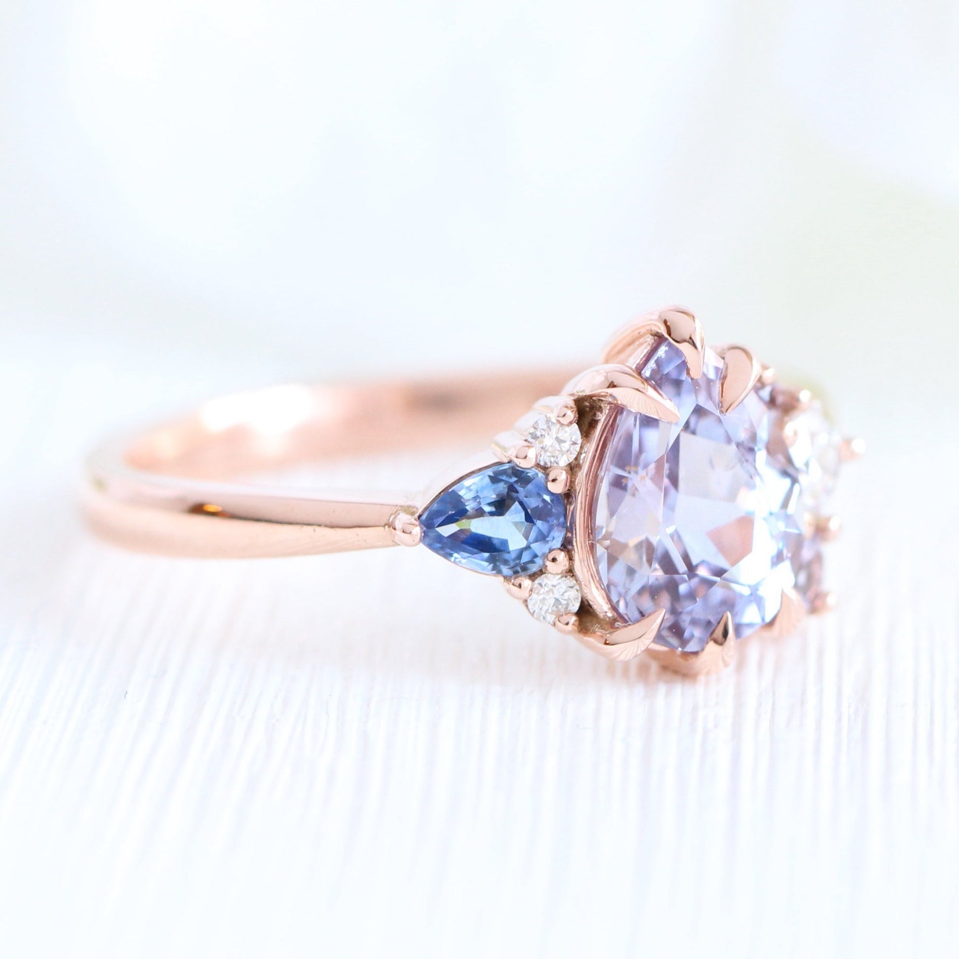 1.92 Ct. Pear Lavender Sapphire Ring in 14k Rose Gold Cluster Diamond Ring, Size 6.5