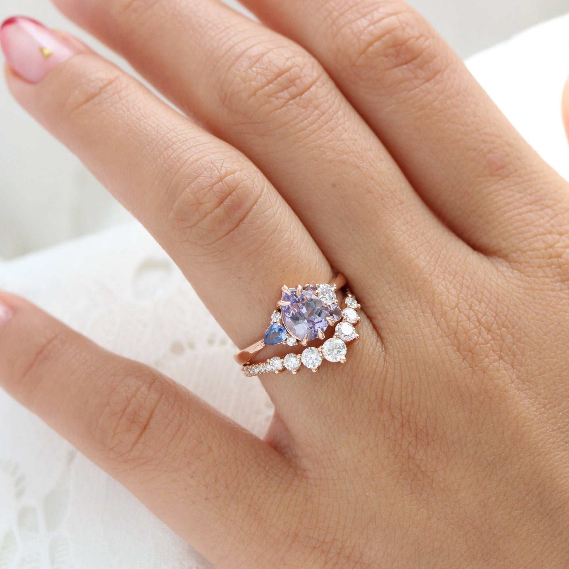 1.92 Ct. Pear Lavender Sapphire Ring in 14k Rose Gold Cluster Diamond Ring, Size 6.5