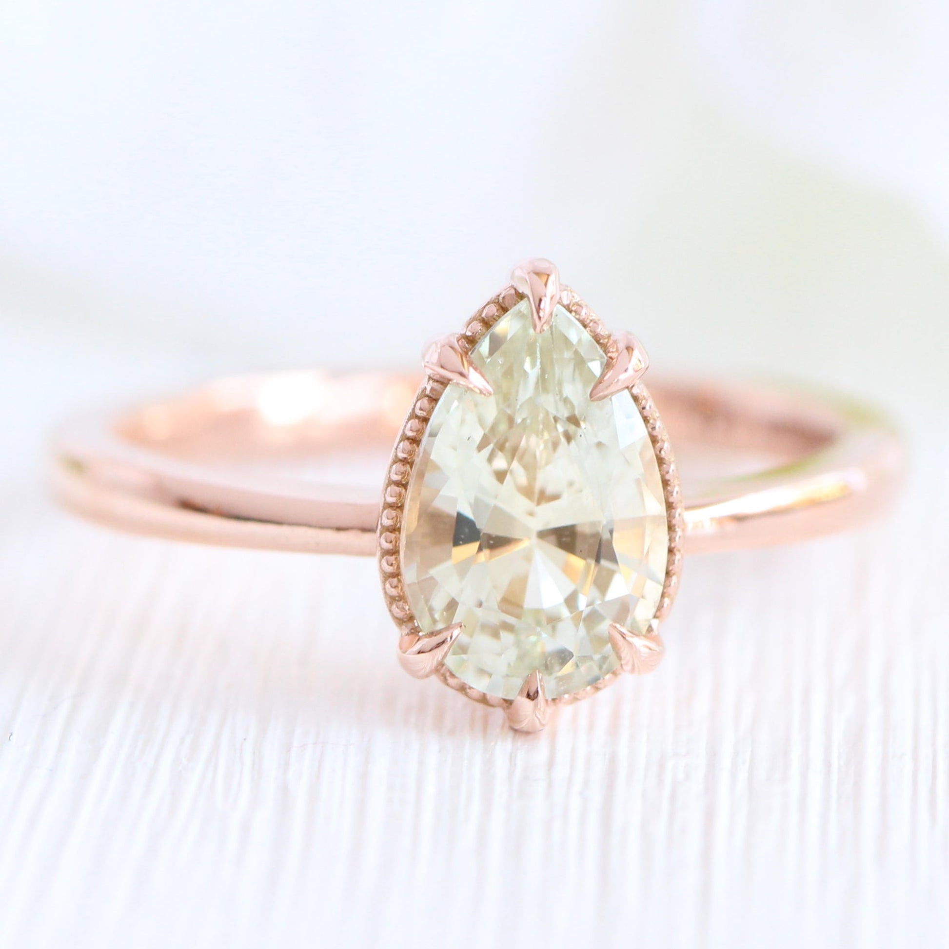 1.80 Ct Pear Sea Foam Green Sapphire Ring in 14k Rose Gold Vintage Solitaire Ring, Size 6.25