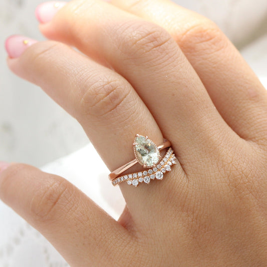 1.80 Ct Pear Sea Foam Green Sapphire Ring in 14k Rose Gold Vintage Solitaire Ring, Size 6.25