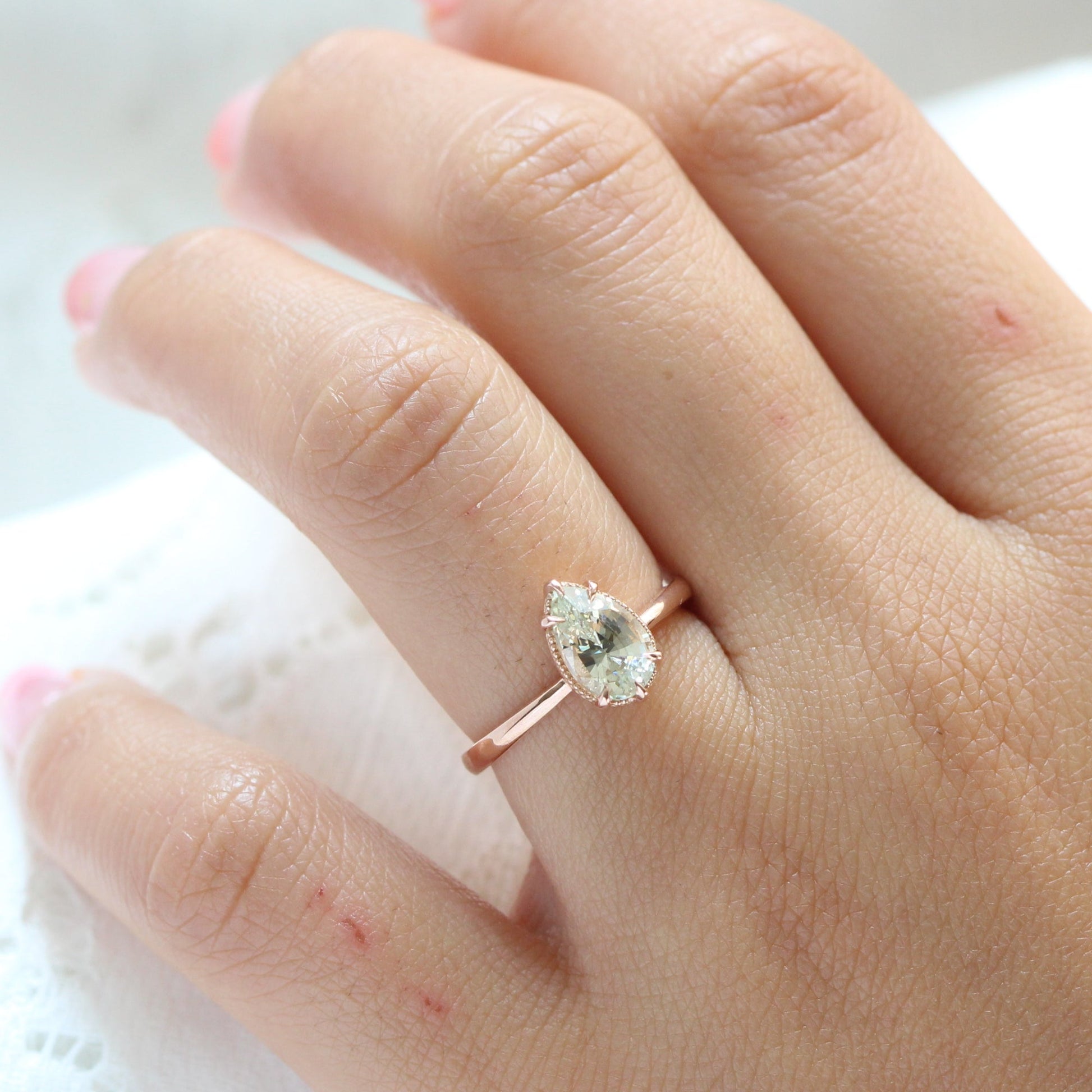 1.80 Ct Pear Sea Foam Green Sapphire Ring in 14k Rose Gold Vintage Solitaire Ring, Size 6.25