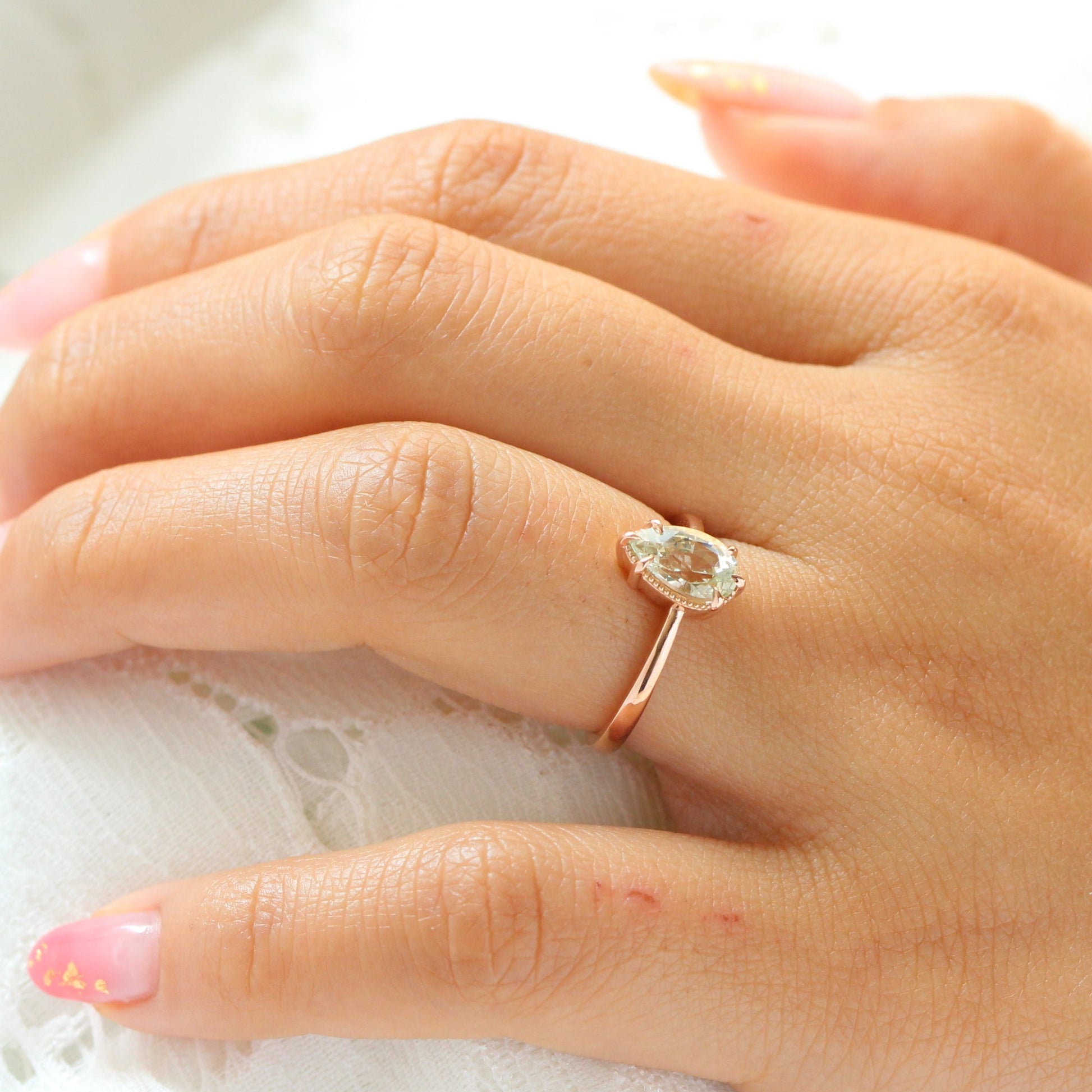 1.80 Ct Pear Sea Foam Green Sapphire Ring in 14k Rose Gold Vintage Solitaire Ring, Size 6.25