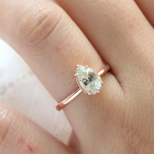 1.80 Ct Pear Sea Foam Green Sapphire Ring in 14k Rose Gold Vintage Solitaire Ring, Size 6.25