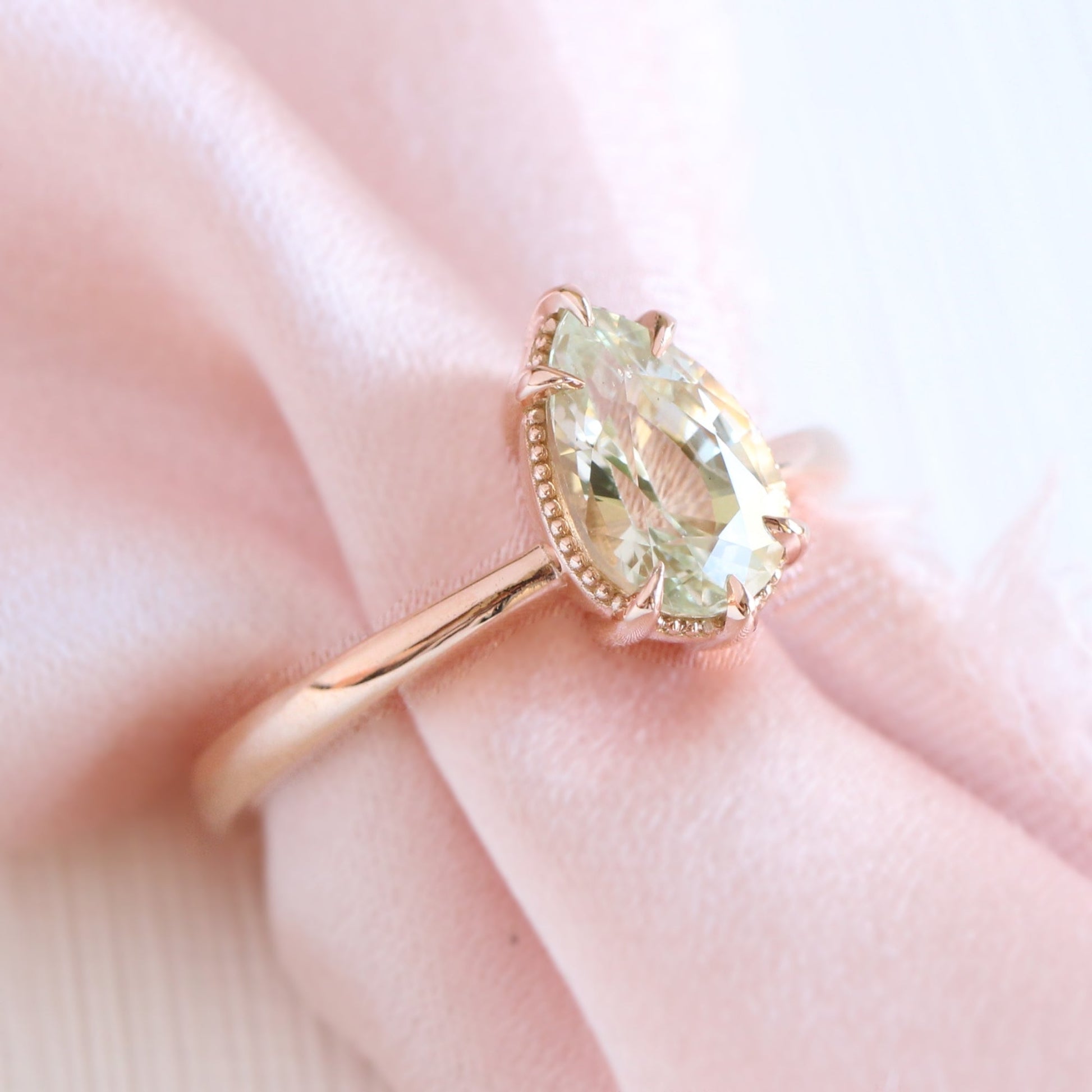1.80 Ct Pear Sea Foam Green Sapphire Ring in 14k Rose Gold Vintage Solitaire Ring, Size 6.25