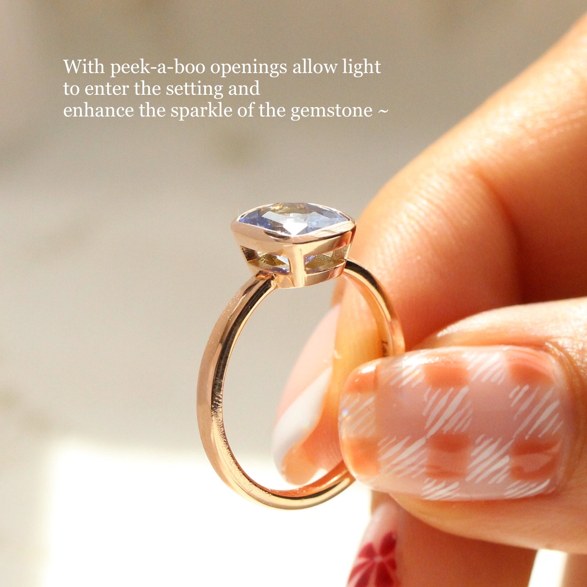2.03 Ct Large Violet Purple Sapphire Ring in 14k Rose Gold Cushion Bezel Ring, Size 6.25