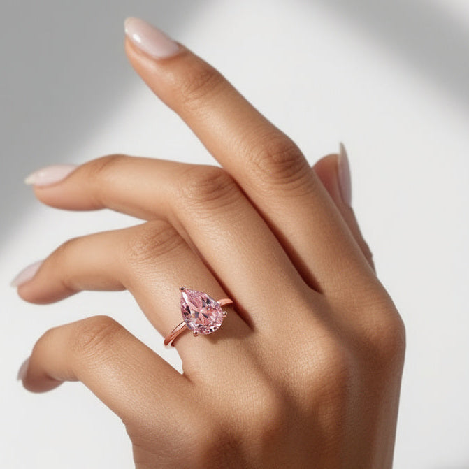 Celina 3CT Pear Cut Pink Solitaire Gemstone Ring