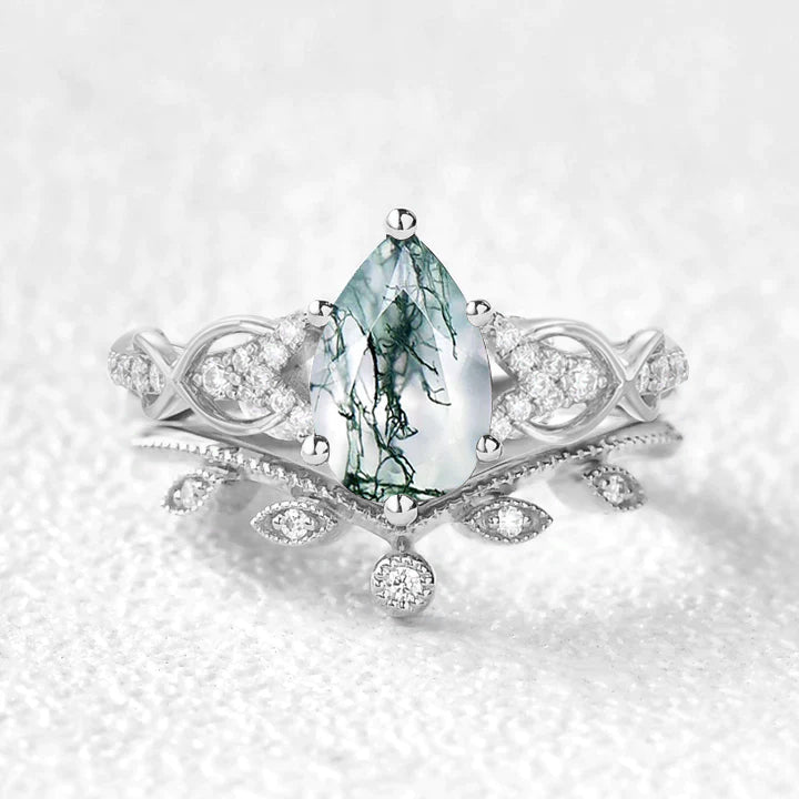 Pear Shaped Moss Agate Infinity Leafy Bridal Ring Set 2pcs