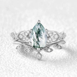 Pear Shaped Moss Agate Infinity Leafy Bridal Ring Set 2pcs