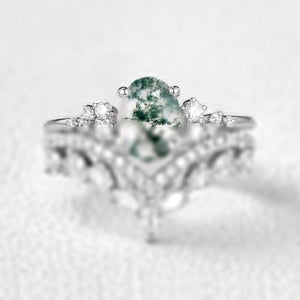 Gorgeous Oval Moss Agate Engagement Ring Set 2pcs