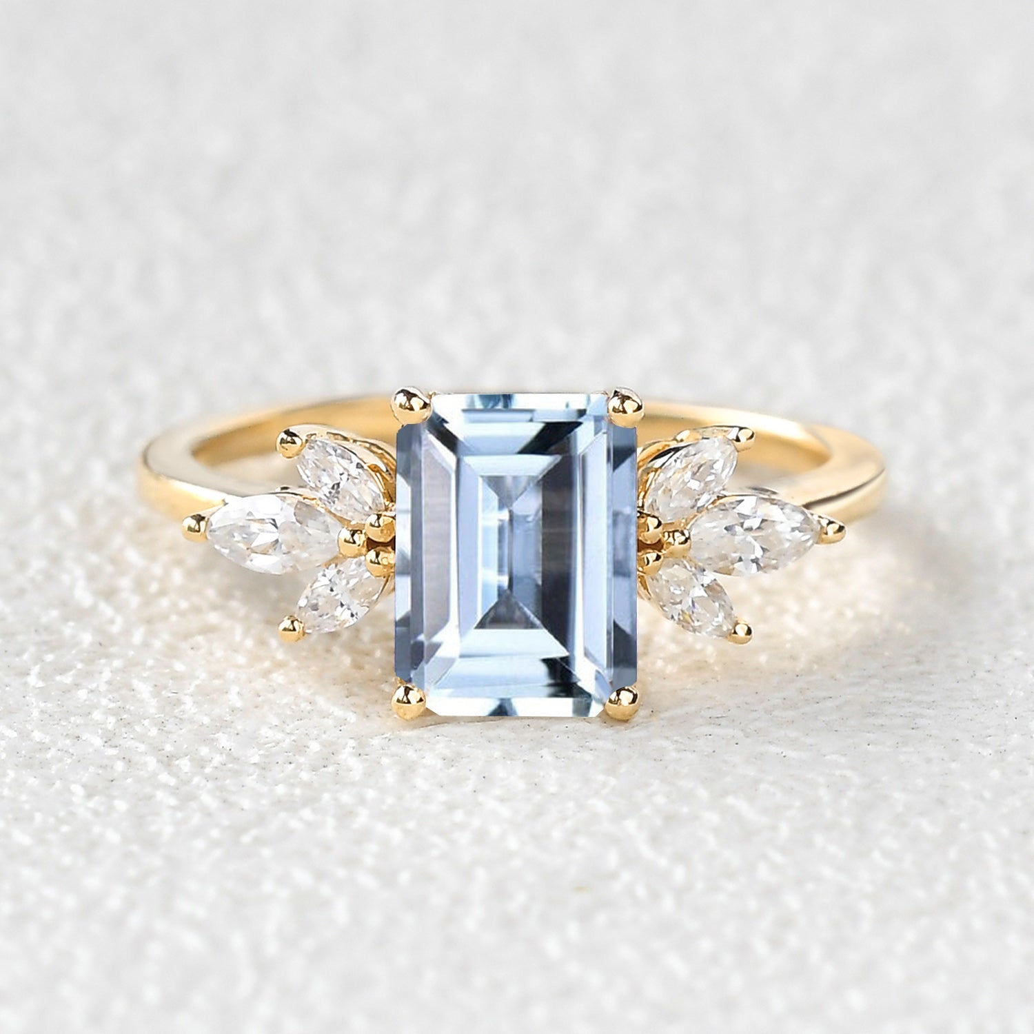 Emerald Cut Moss Agate Cluster Engagement Ring