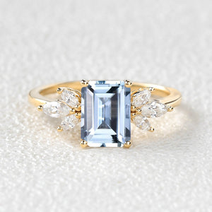 Emerald Cut Moss Agate Cluster Engagement Ring