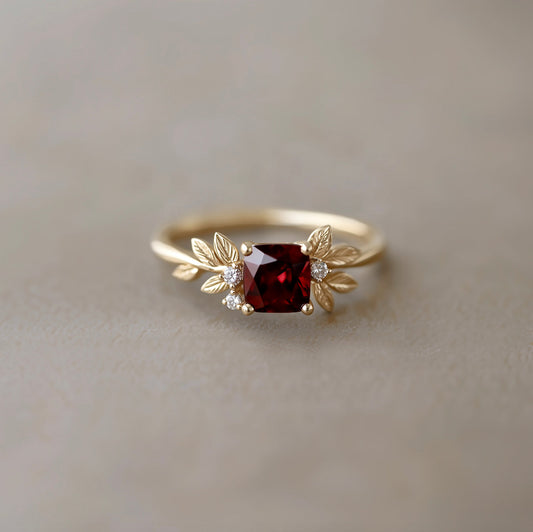 Crimson Grove Red Square Garnet Ring, Red Garnet engagement ring, Garnet Leaf Ring