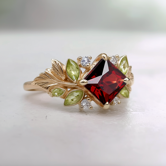 Solid Gold red Garnet Ring, Deep red Garnet engagement ring, Square Garnet Ring