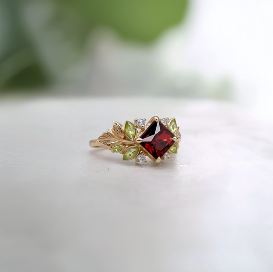 Solid Gold red Garnet Ring, Deep red Garnet engagement ring, Square Garnet Ring