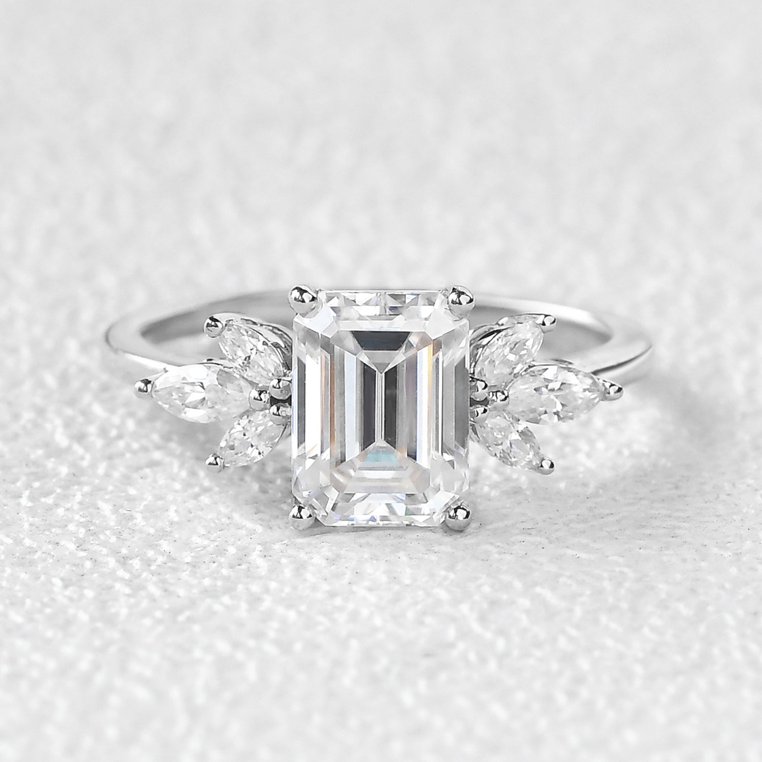 Emerald Cut Moss Agate Cluster Engagement Ring