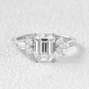 Emerald Cut Moss Agate Cluster Engagement Ring
