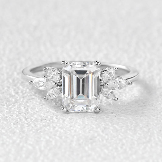 Emerald Cut Moss Agate Cluster Engagement Ring