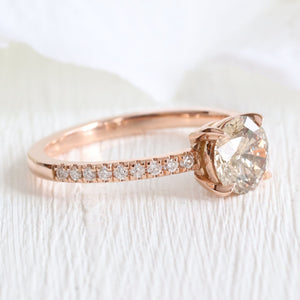 1.33 Ct Round Champagne Diamond Ring in 14k Rose Gold Solitaire Pave Band, Size 6.5