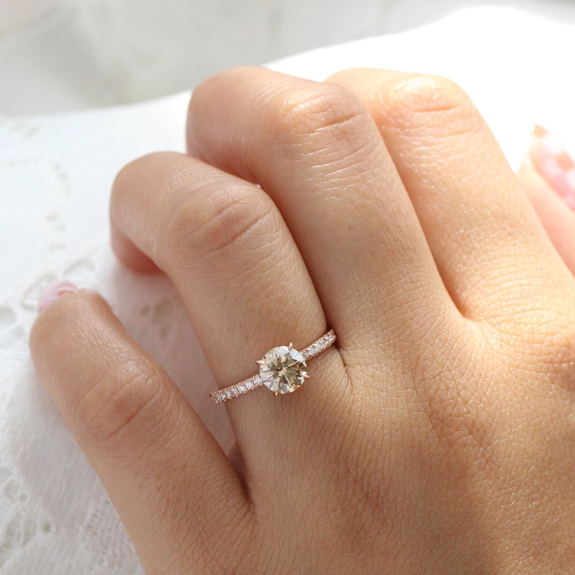 1.33 Ct Round Champagne Diamond Ring in 14k Rose Gold Solitaire Pave Band, Size 6.5