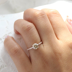 1.33 Ct Round Champagne Diamond Ring in 14k Rose Gold Solitaire Pave Band, Size 6.5