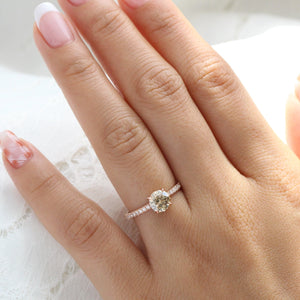 1.33 Ct Round Champagne Diamond Ring in 14k Rose Gold Solitaire Pave Band, Size 6.5