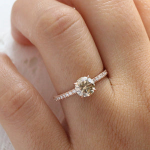 1.33 Ct Round Champagne Diamond Ring in 14k Rose Gold Solitaire Pave Band, Size 6.5