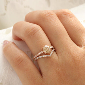 1.33 Ct Round Champagne Diamond Ring in 14k Rose Gold Solitaire Pave Band, Size 6.5