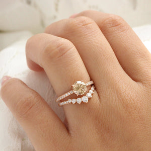 1.33 Ct Round Champagne Diamond Ring in 14k Rose Gold Solitaire Pave Band, Size 6.5