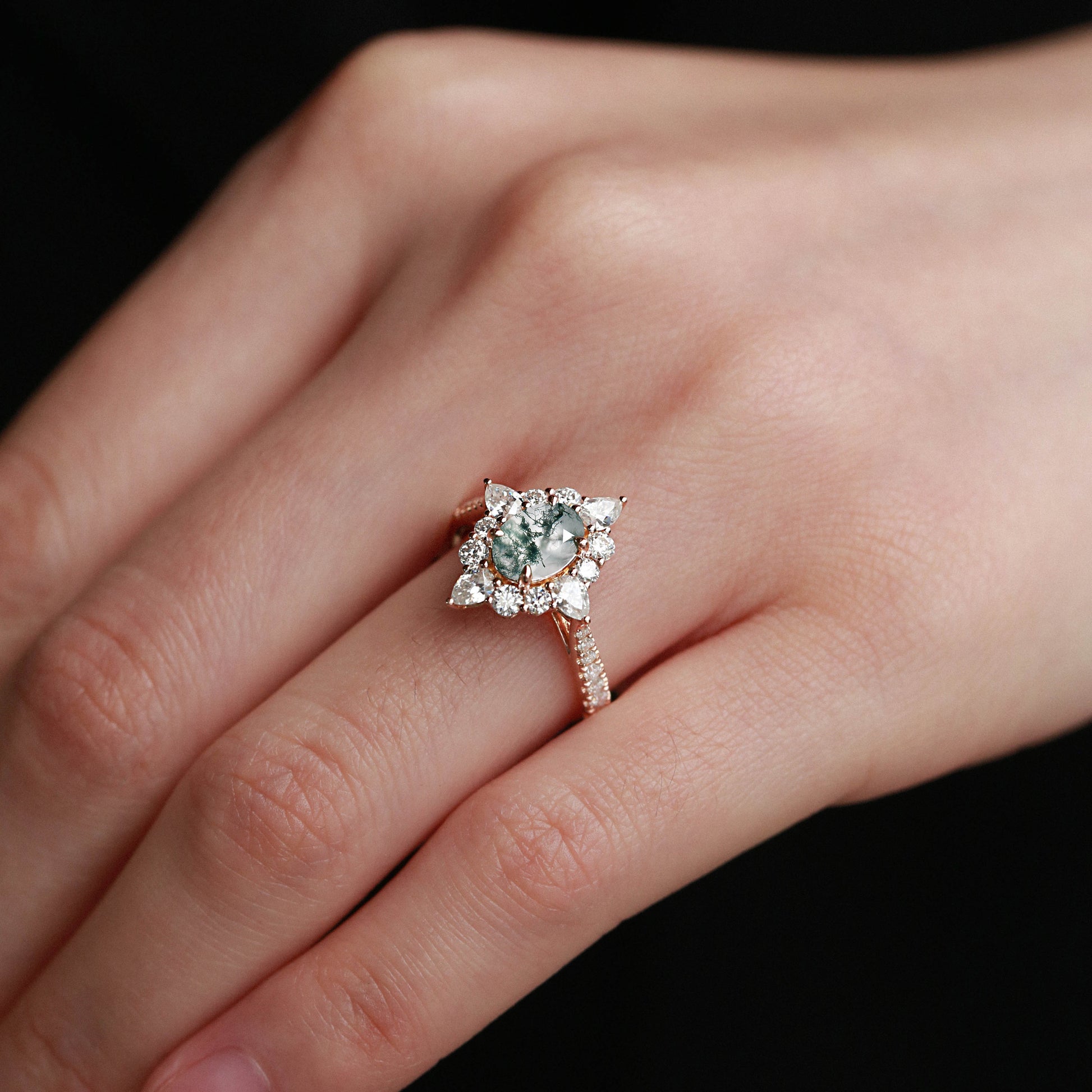 Oval Cut Vintage Moss Agate Halo Engagement Ring