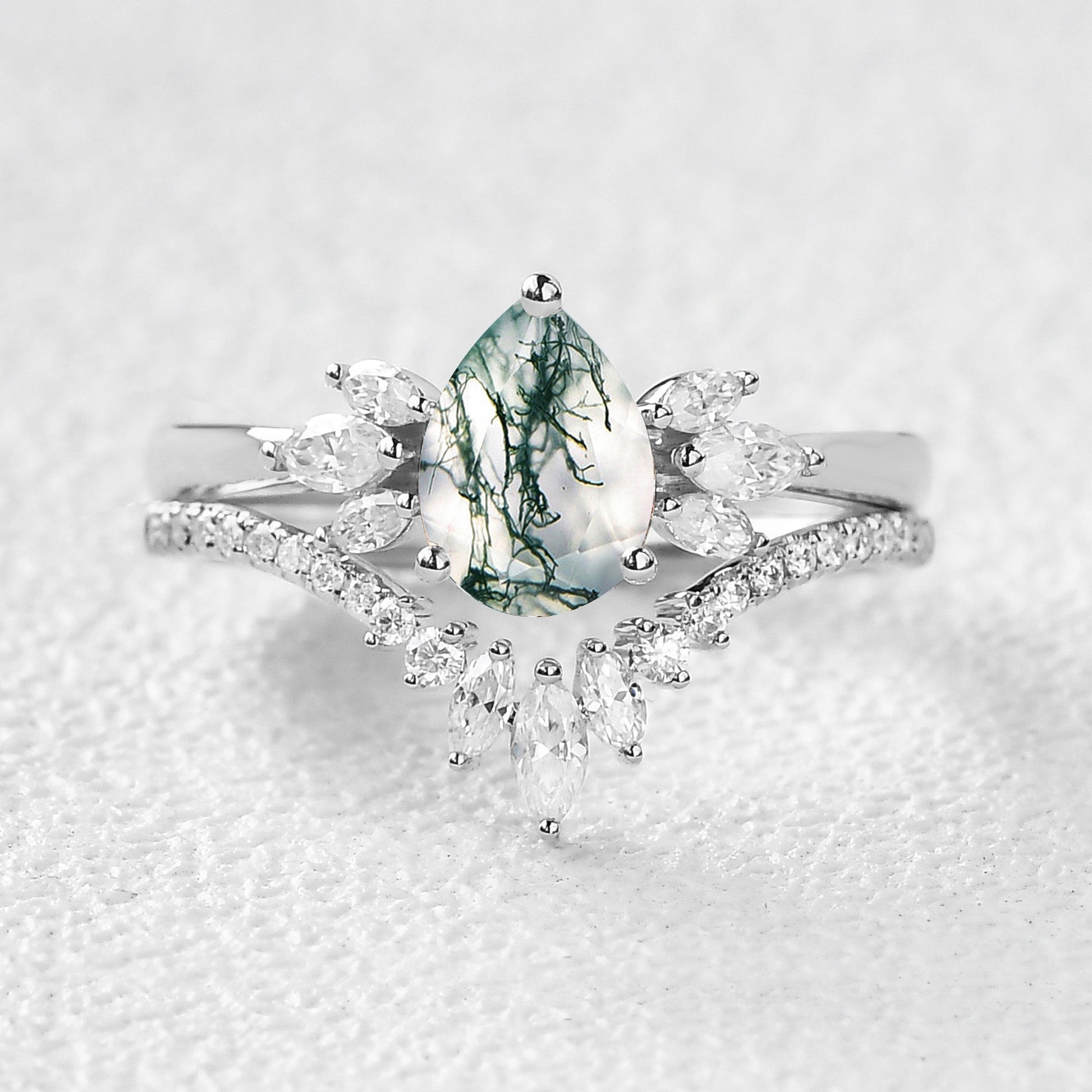 Fairy Ring - 1.5ct Pear Shaped Moss Agate Butterfly Cluster Ring Set 2pcs