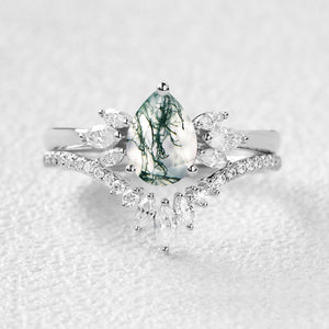 Fairy Ring - 1.5ct Pear Shaped Moss Agate Butterfly Cluster Ring Set 2pcs