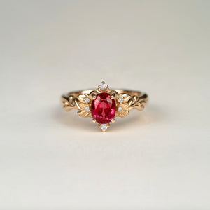 Botanic Ember Ruby Ring, Vintage Style Ruby Ring, Oval Ruby engagement ring, Ruby Jewelry