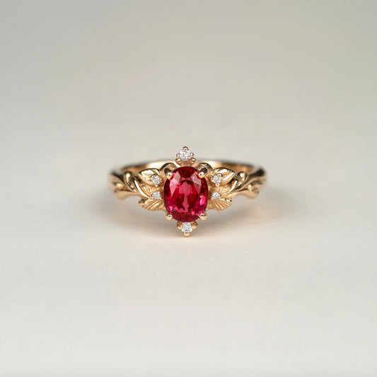 Botanic Ember Ruby Ring, Vintage Style Ruby Ring, Oval Ruby engagement ring, Ruby Jewelry