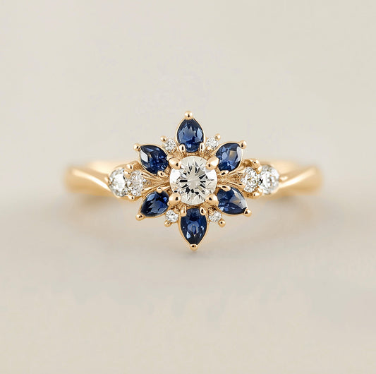 Blue-eyed Grass, 14k Gold Natural Blue Sapphire ring, Sapphire Engagement Ring