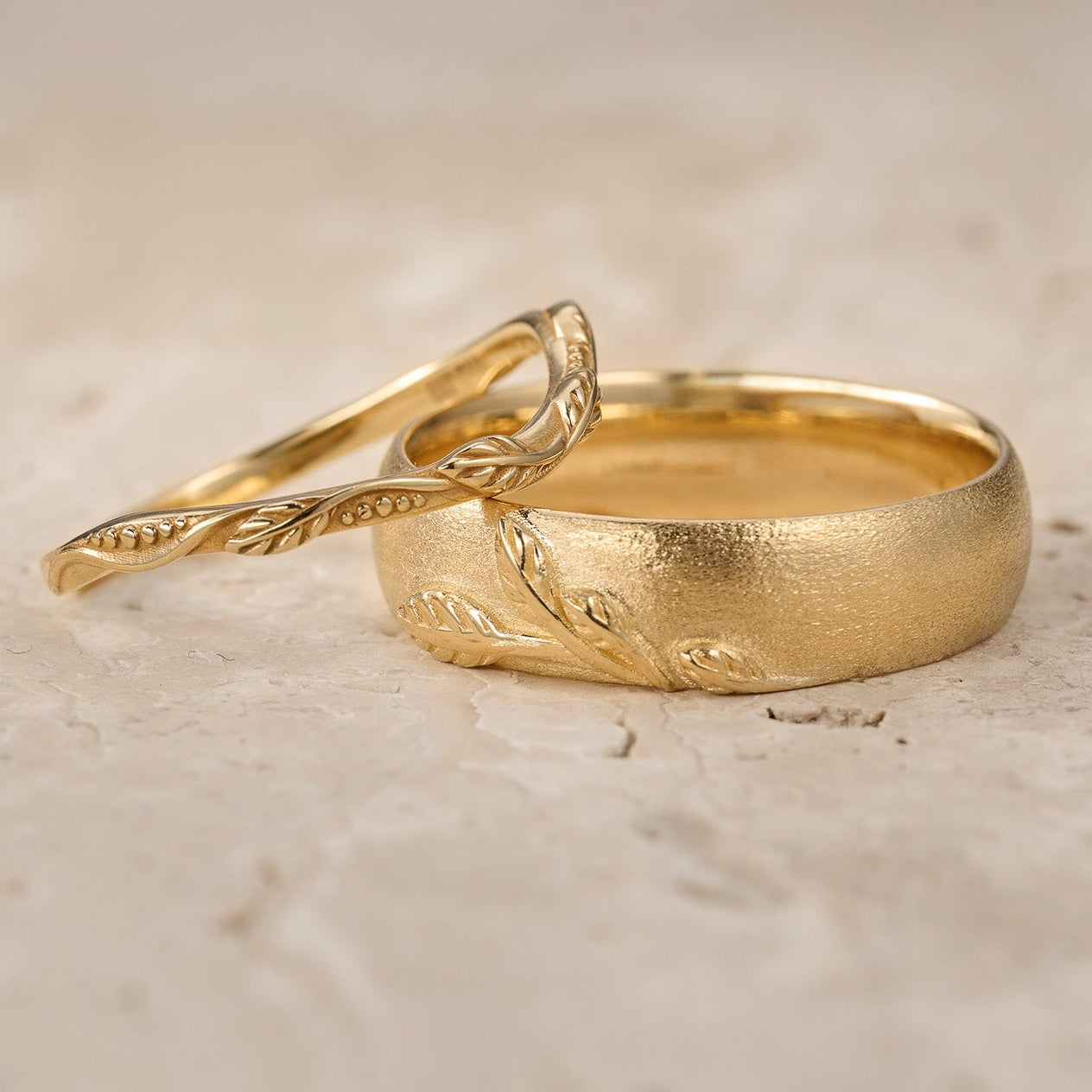 The Intertwined Wedding Set – Sandblasted Branch & Curved Vine Bands