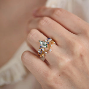 Sylvie’s Horizon | Kite Cut Moss Agate & Gradient Sapphire Bridal Set 2pcs