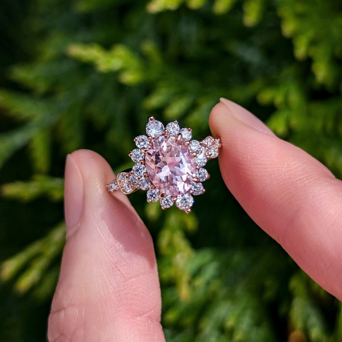 Aurora 1CT Oval Cut Pink Gemstone Halo Engagement Ring