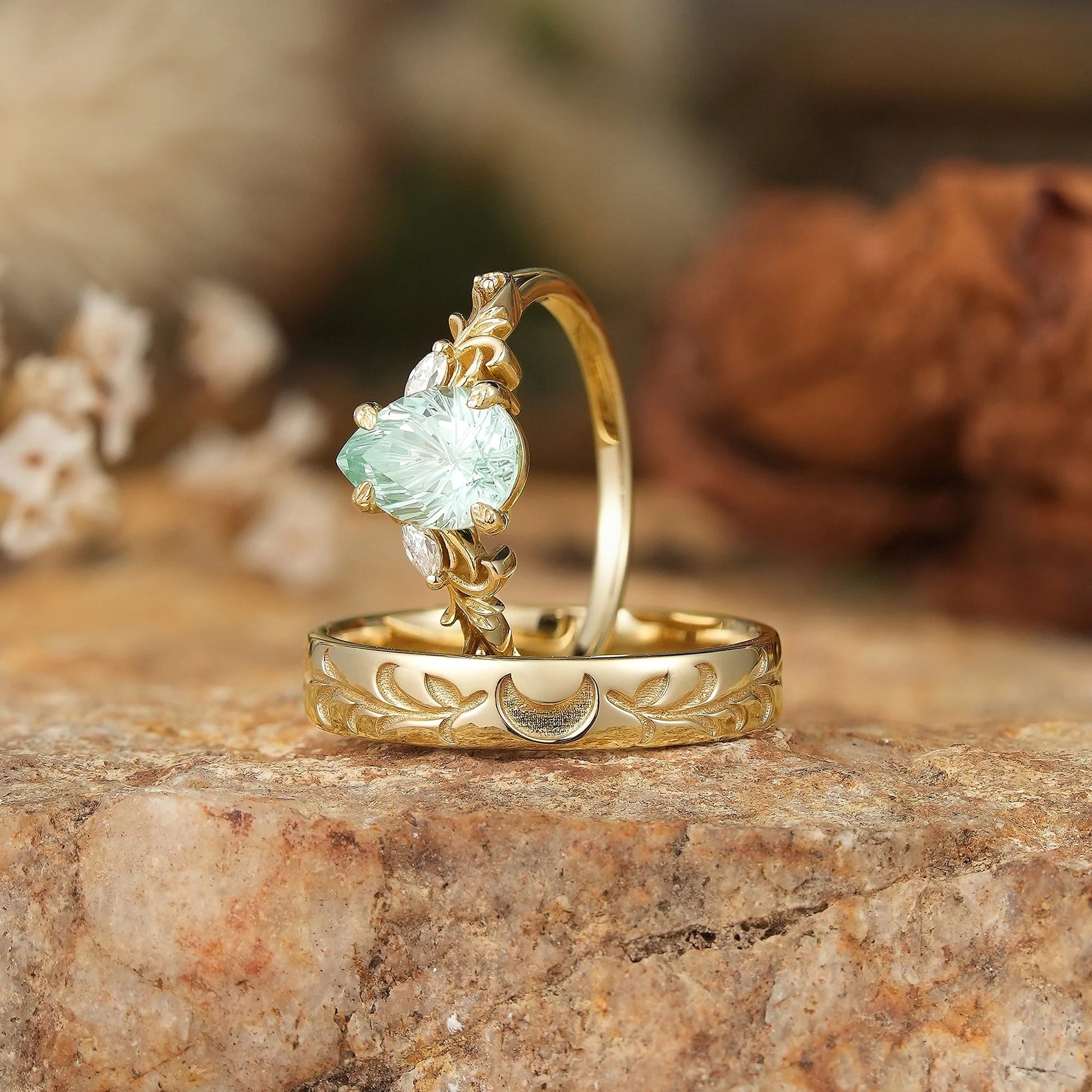 Selene’s Grove | Pear Green Sapphire & Moon Phase Couple Ring Set