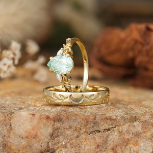 Selene’s Grove | Pear Green Sapphire & Moon Phase Couple Ring Set
