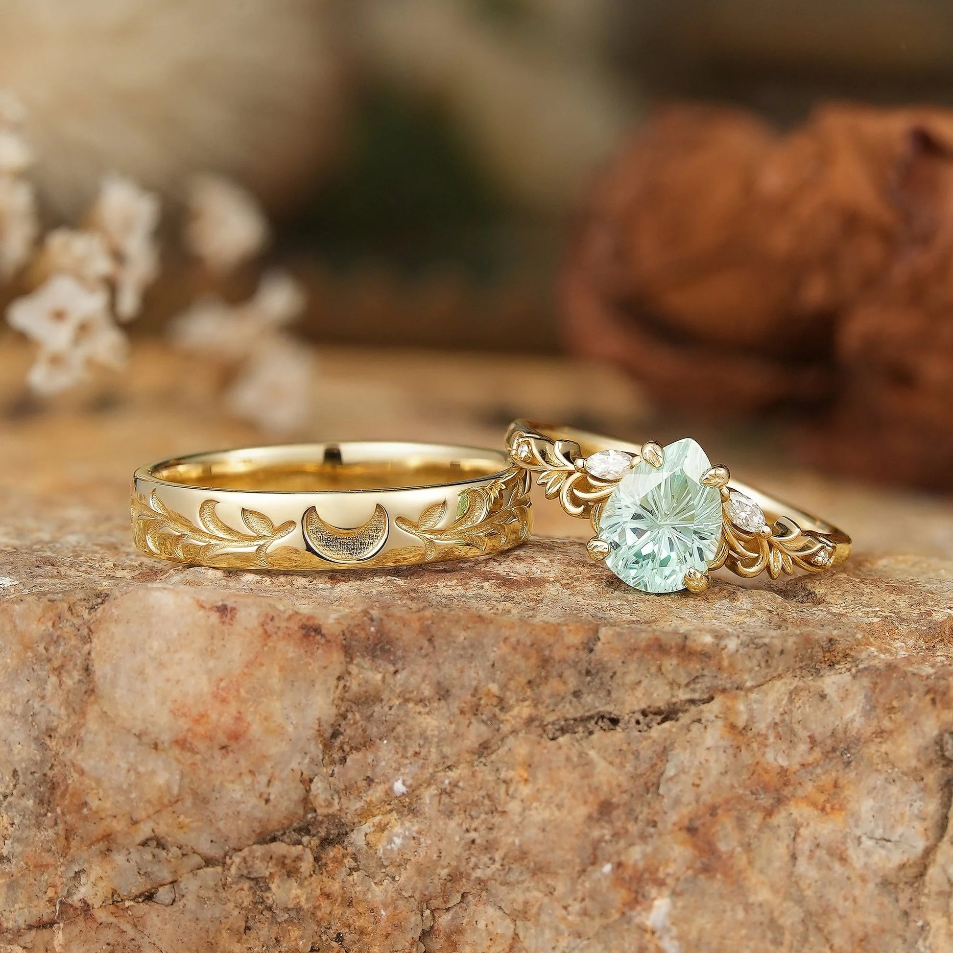 Selene’s Grove | Pear Green Sapphire & Moon Phase Couple Ring Set
